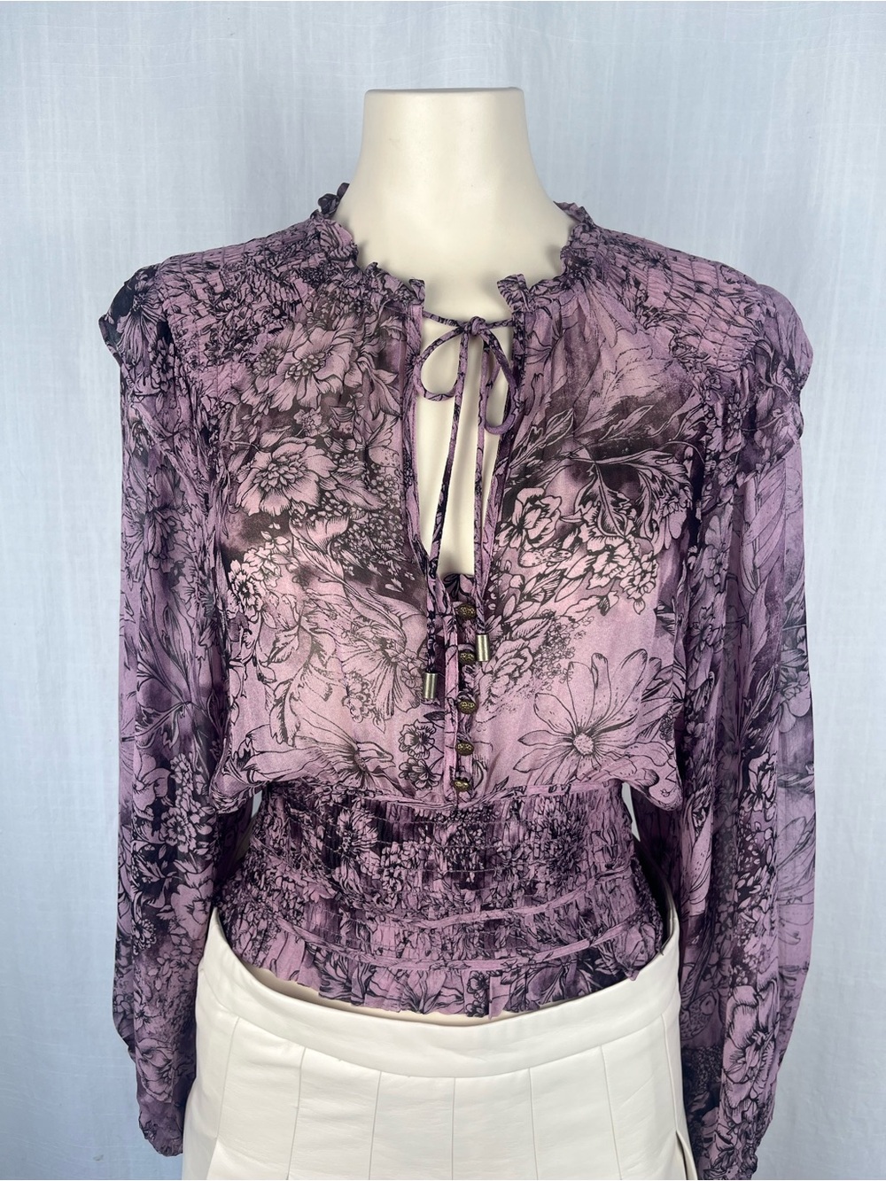 Anthropologie Purple Floral Tie-Neck Smocked Blouse XSMALL